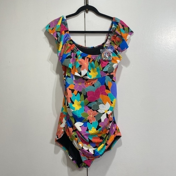 Swim Solutions Floral Off The Shoulder Ruffle One Piece Size 20W - Picture 5 of 6